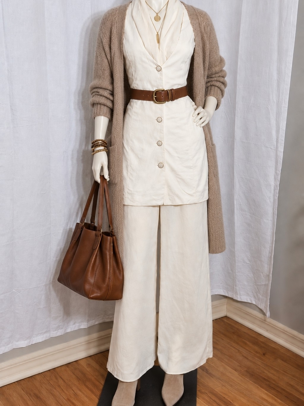Vintage 90s Laundry by Shelli Segal Ivory 2 Piece Wide Leg Pant Set Size 14